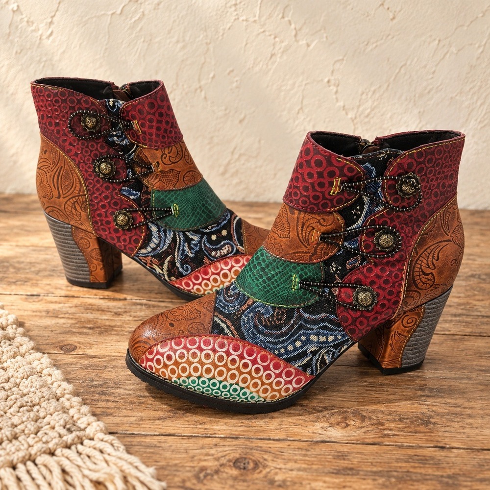 Socofy Patchwork Leather Ankle Boots EU 39 US 8-8.5 Boho Floral Multi-Color